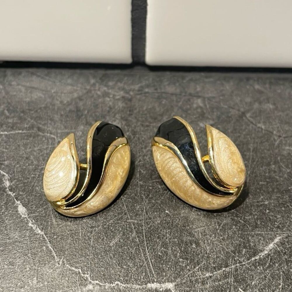 Vintage Earrings Large Black and Cream Enamel Gold Tone